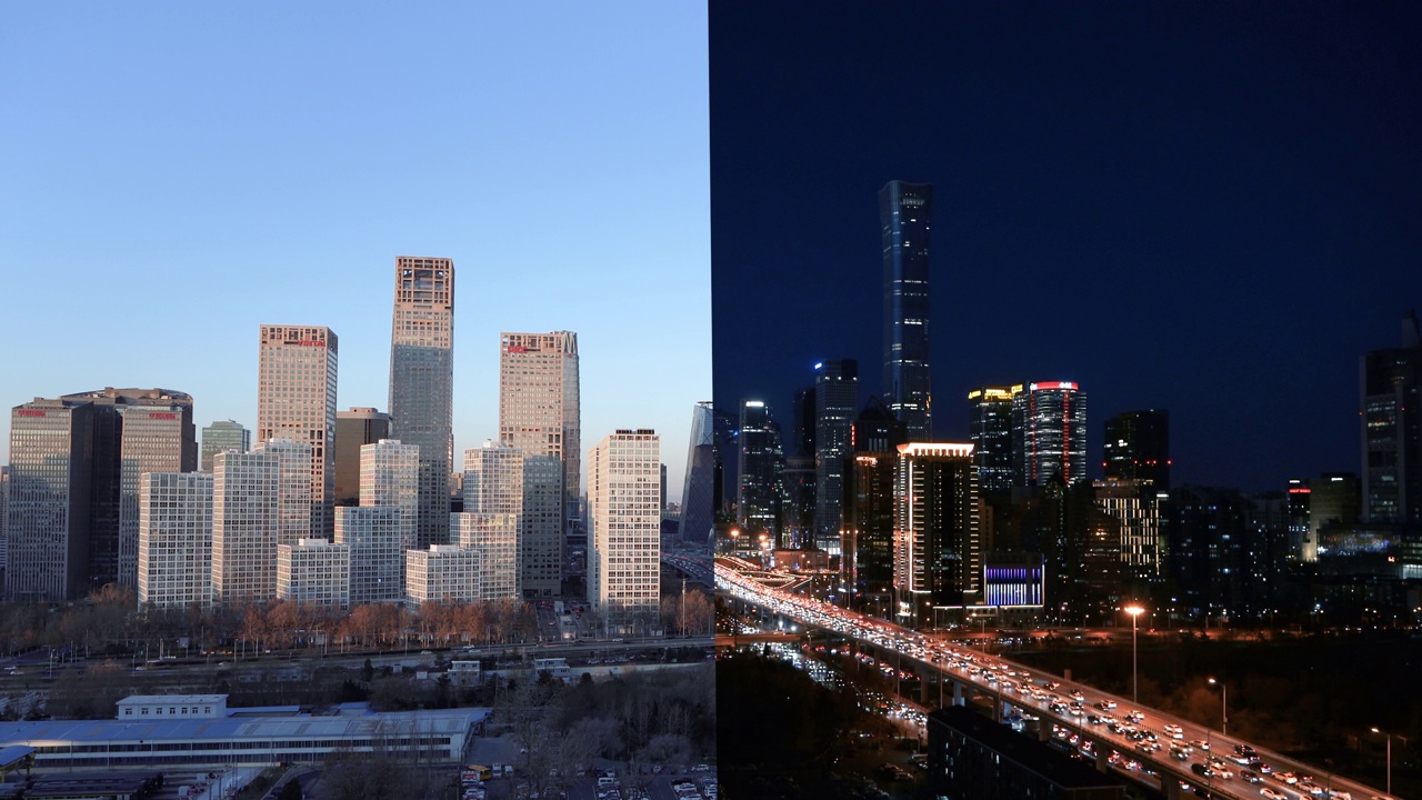鸟瞰图北京天际线和市中心，日夜/北京，中国视频素材