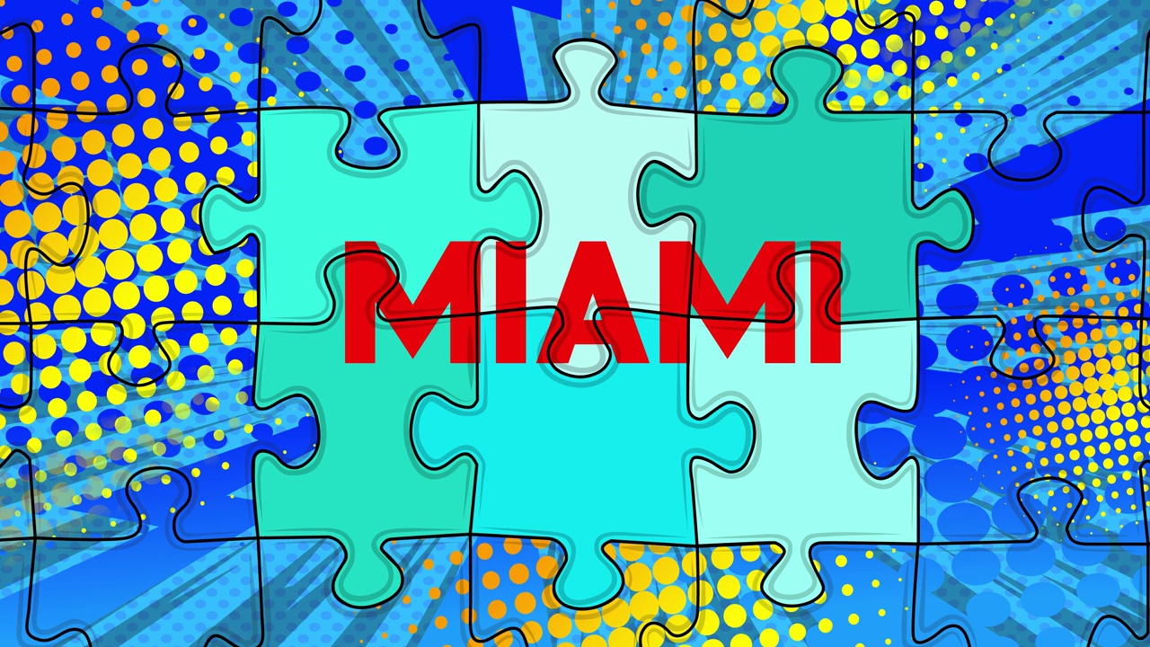 拼图块，元素以文字顺序连接迈阿密。视频下载