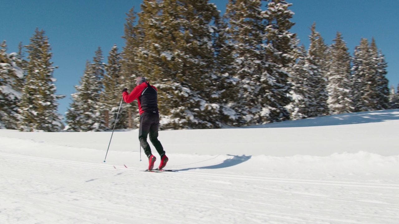 慢动作手持拍摄的越野滑雪者“双杆”滑雪沿着一个整洁的小道在一个清晰，阳光明媚的“蓝鸟”日在科罗拉多的大梅萨国家森林视频下载