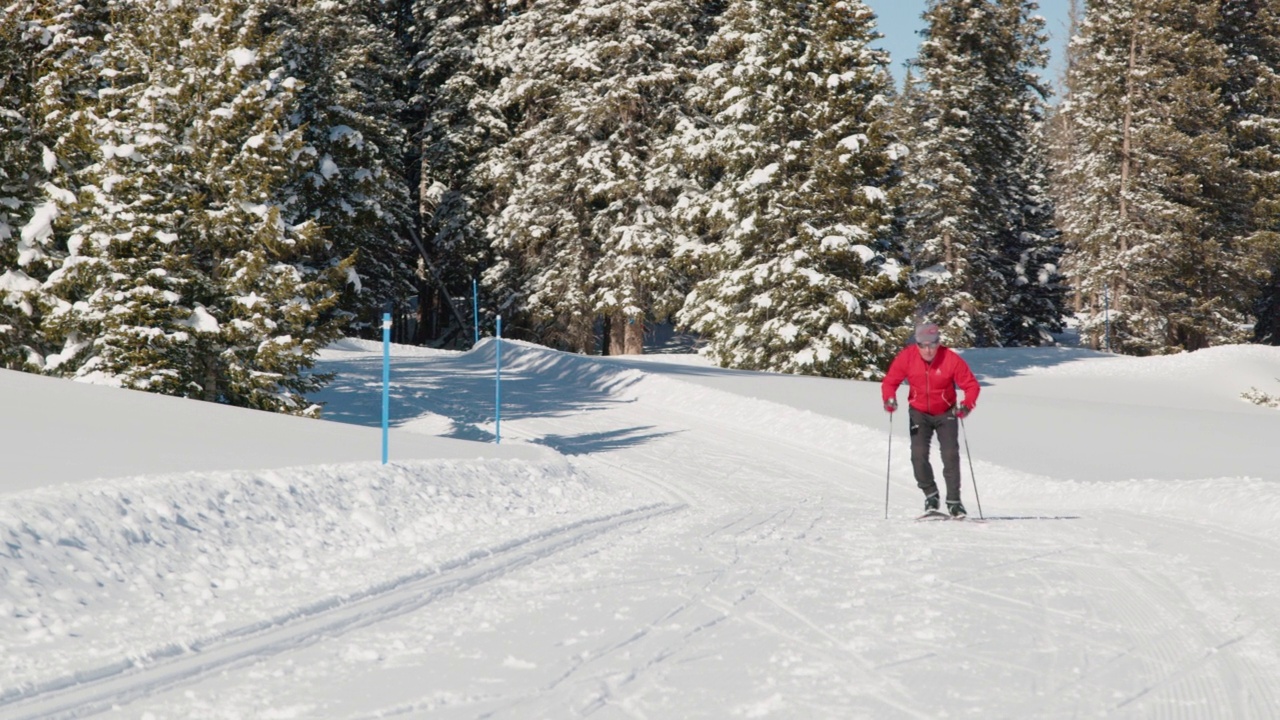 在科罗拉多州的Grand Mesa国家森林，在一个晴朗、阳光明媚的“蓝鸟”日，一个越野滑雪者在“V2”方法中沿着一条经过修剪的小道滑雪的摄像机的手持慢动作镜头视频下载