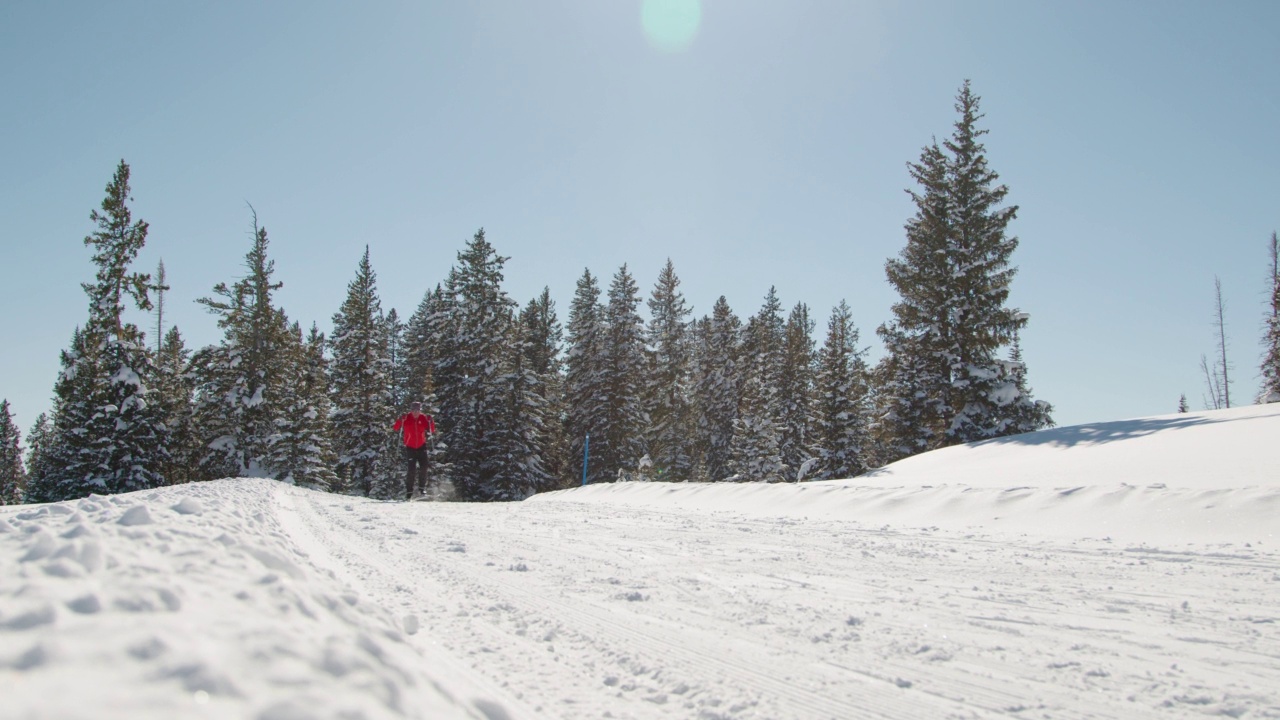 慢动作低角度手持拍摄的越野滑雪者滑冰在“V2”方法沿着一个整洁的小道在一个晴朗，阳光明媚的“蓝鸟”日在科罗拉多的Grand Mesa国家森林视频下载