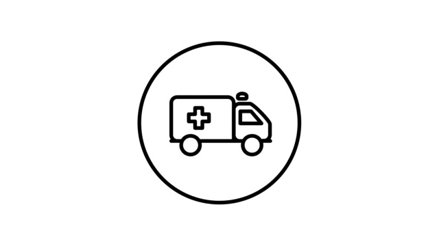 救护车在圆圈线图标，黑色轮廓，自画，黑白视频下载