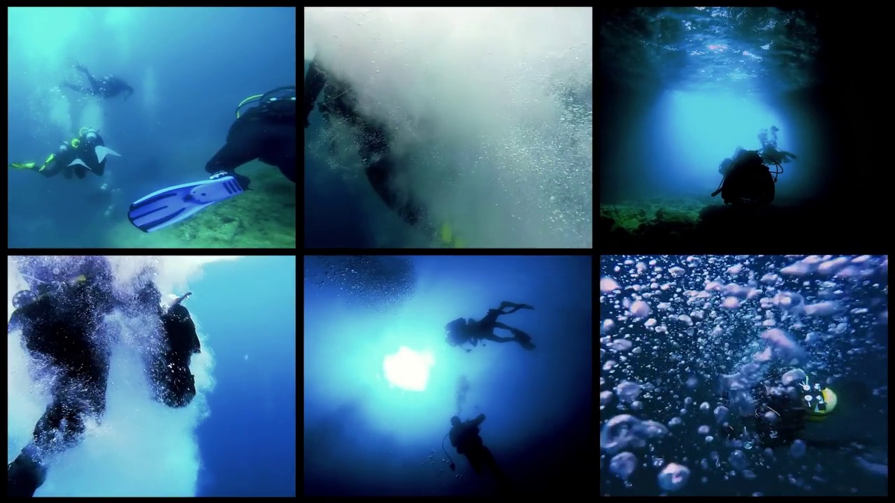 水肺潜水动画多屏幕视频蒙太奇视频素材