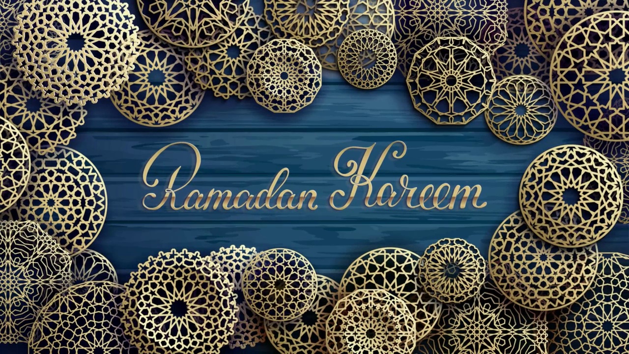 伊斯兰圆形图案在蓝色木板背景上的金色动画。斋月kareem慢动作设计模板。节日背景可循环动画。FullHD无缝循环视频下载