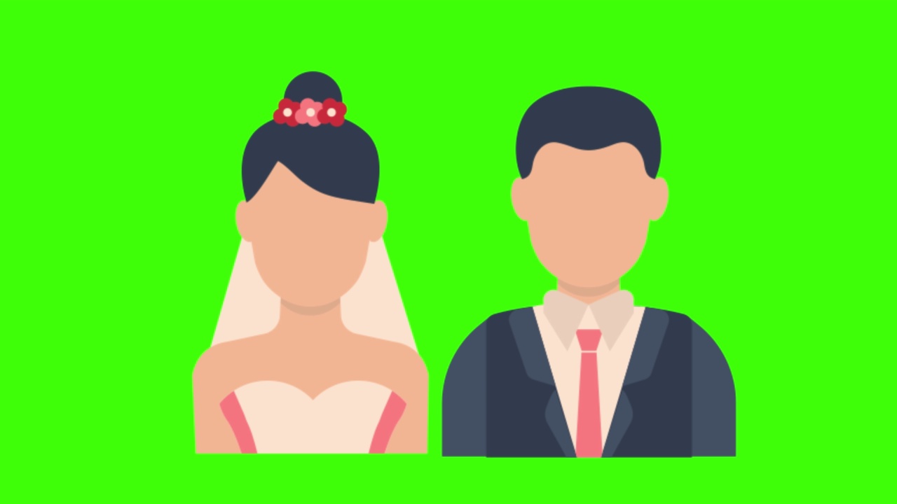 可爱的新婚夫妇图标出现在绿色屏幕上视频素材