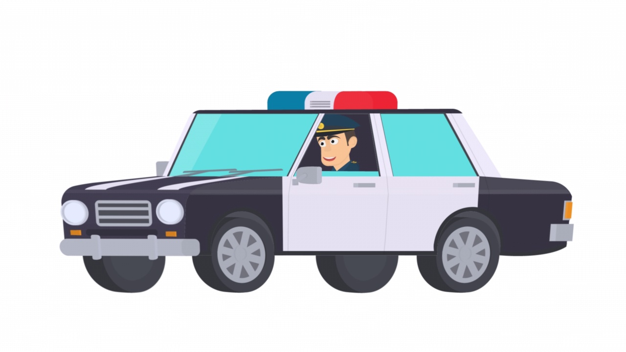 交通警察。一个警察在车里的动画。卡通视频下载
