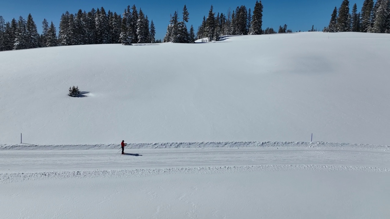 广角航拍越野滑雪者双Poling和经典滑雪在一个清晰，阳光明媚的“蓝鸟”日在科罗拉多的Grand Mesa国家森林经过修整的小道视频下载