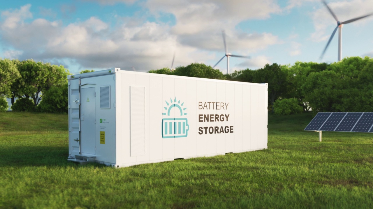 现代高容量电池储能系统的概念，位于郁郁葱葱的草地中央，背景是森林。三维渲染视频素材