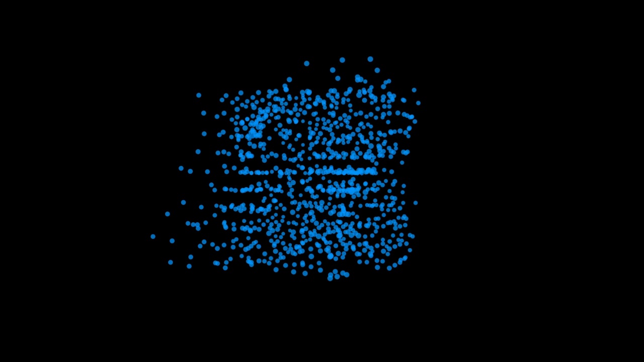 由许多粒子组成的蓝色立方体动画在黑色背景上无休止地旋转。视频下载