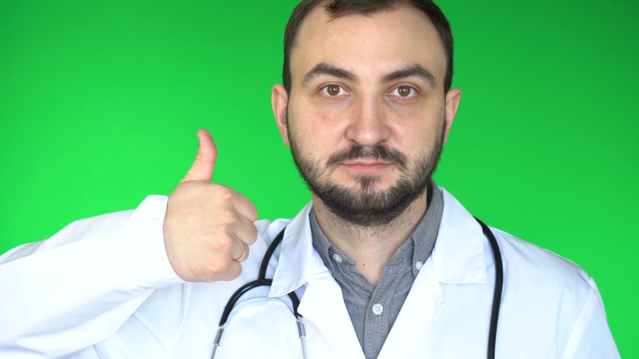 医生看着镜头，竖起大拇指。绿屏背景视频下载