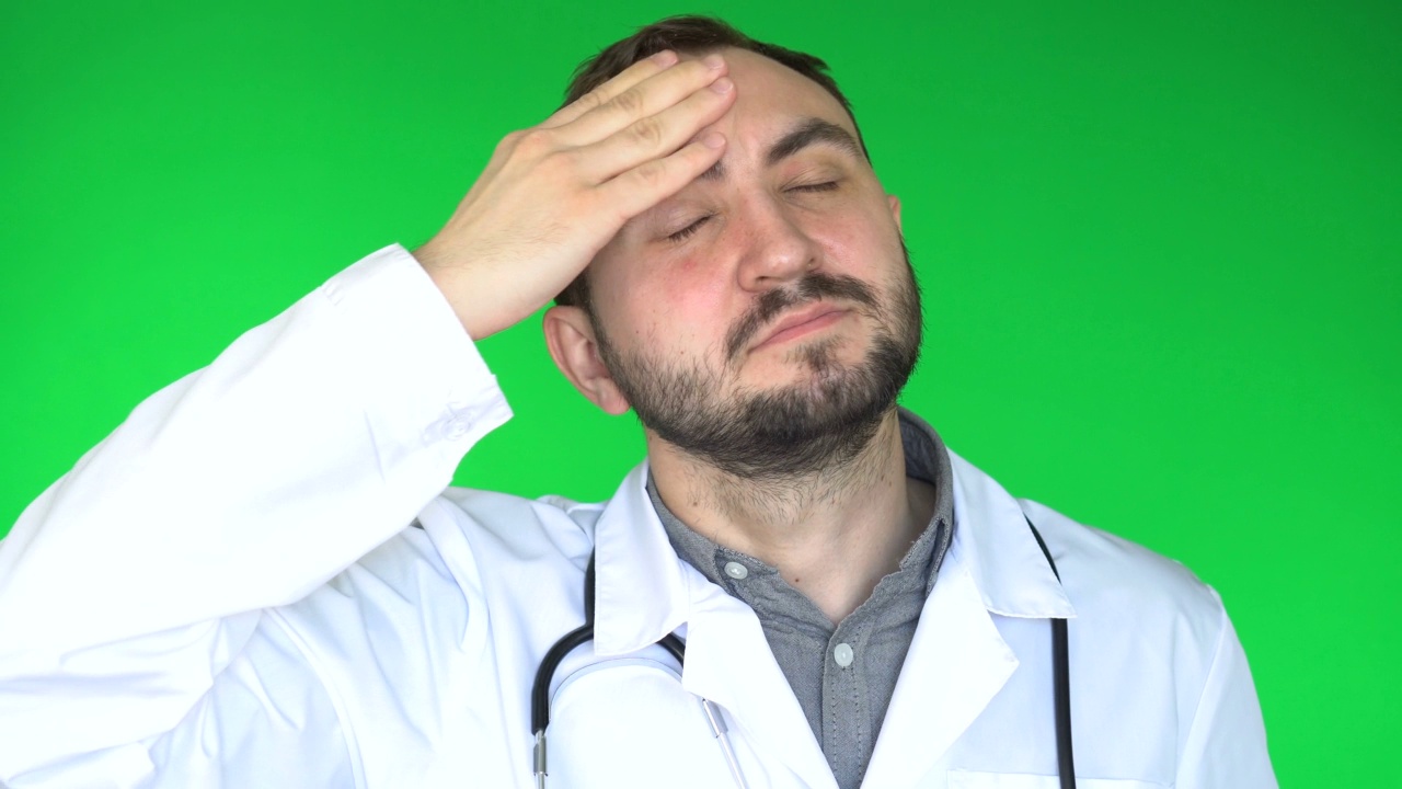 医生患头痛，偏头痛发作。绿色屏幕背景，色度键。视频下载