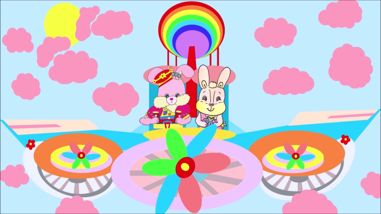 明亮的一对卡通兔子兔子在空中飞行的飞机动画视频剪辑2022视频下载