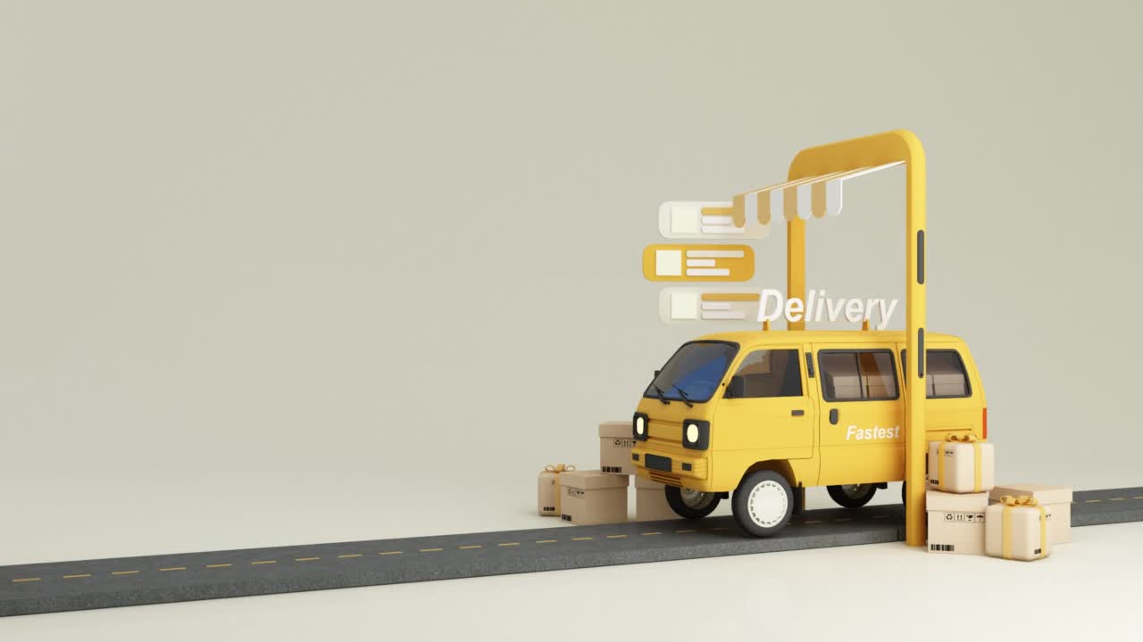 电子商务概念，移动应用配送服务，货车和卡车运输，电话和在线信息配送，产品包装，礼品盒，道路黄色调3d渲染视频素材