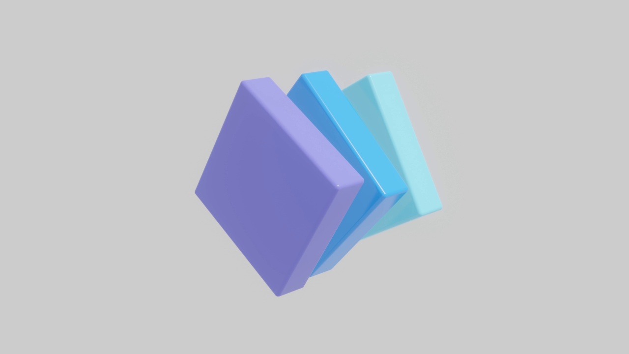 蓝色和紫色的3D渲染矩形元素在白色背景上旋转。抽象无缝循环3D渲染动画对象视频下载