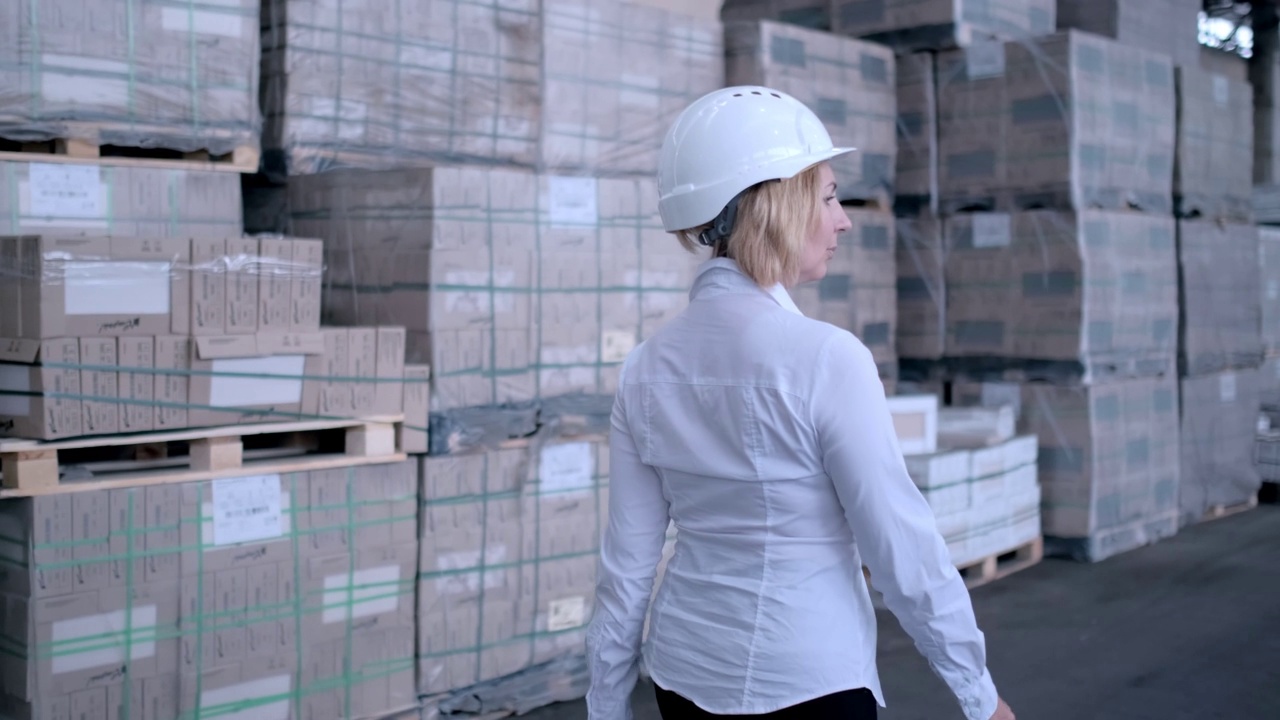 跟随员工女性仓库工人工程师在安全帽工作的镜头。走过物流中心仓库工厂建设工地物流建筑师商人建设者室内视频下载