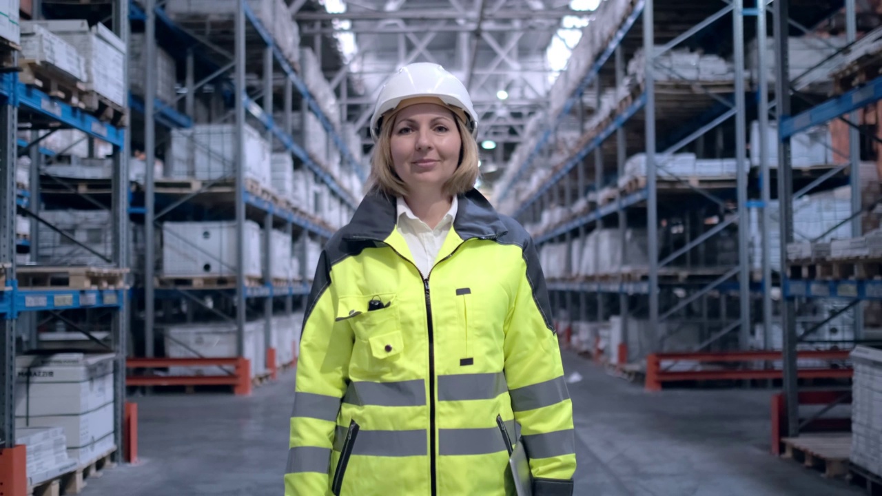 跟随员工女性仓库工人工程师在安全帽工作的镜头。走过物流中心仓库工厂建设工地物流建筑师商人建设者室内视频下载