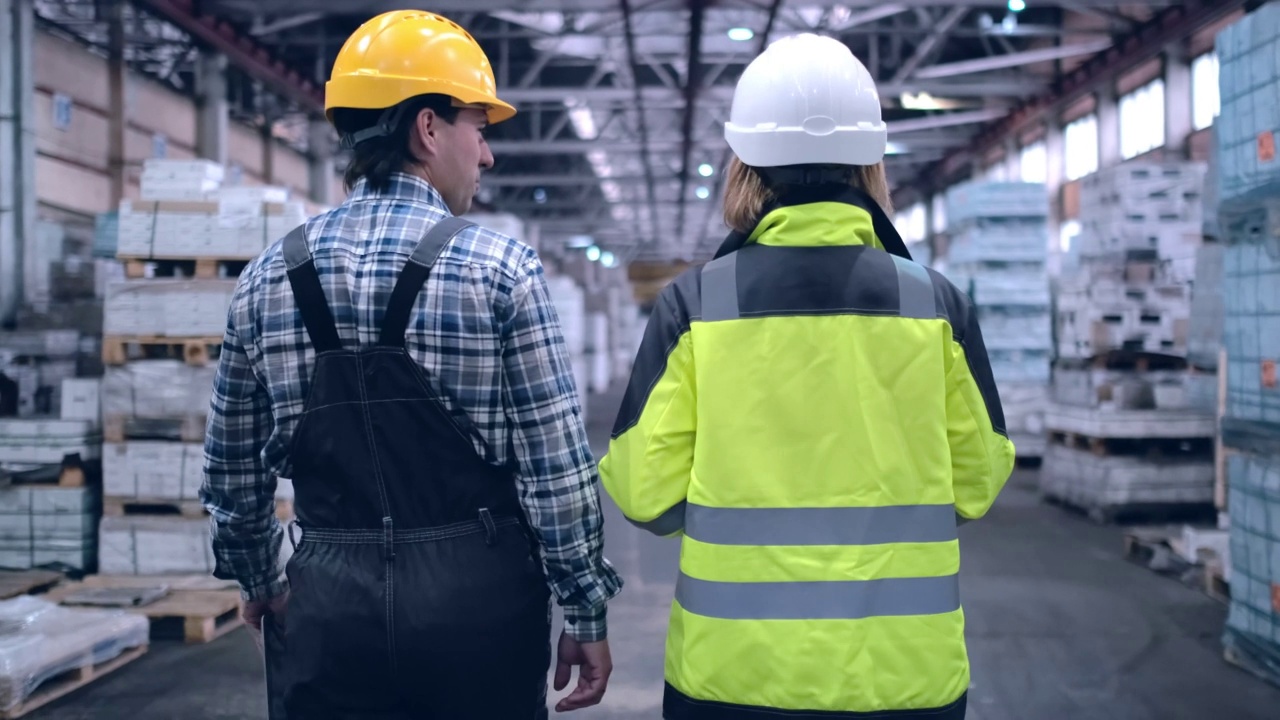跟随员工的镜头，男性和女性仓库工人工程师在安全帽工作。走过物流中心仓库工厂建设工地物流建筑师商人建设者室内视频下载