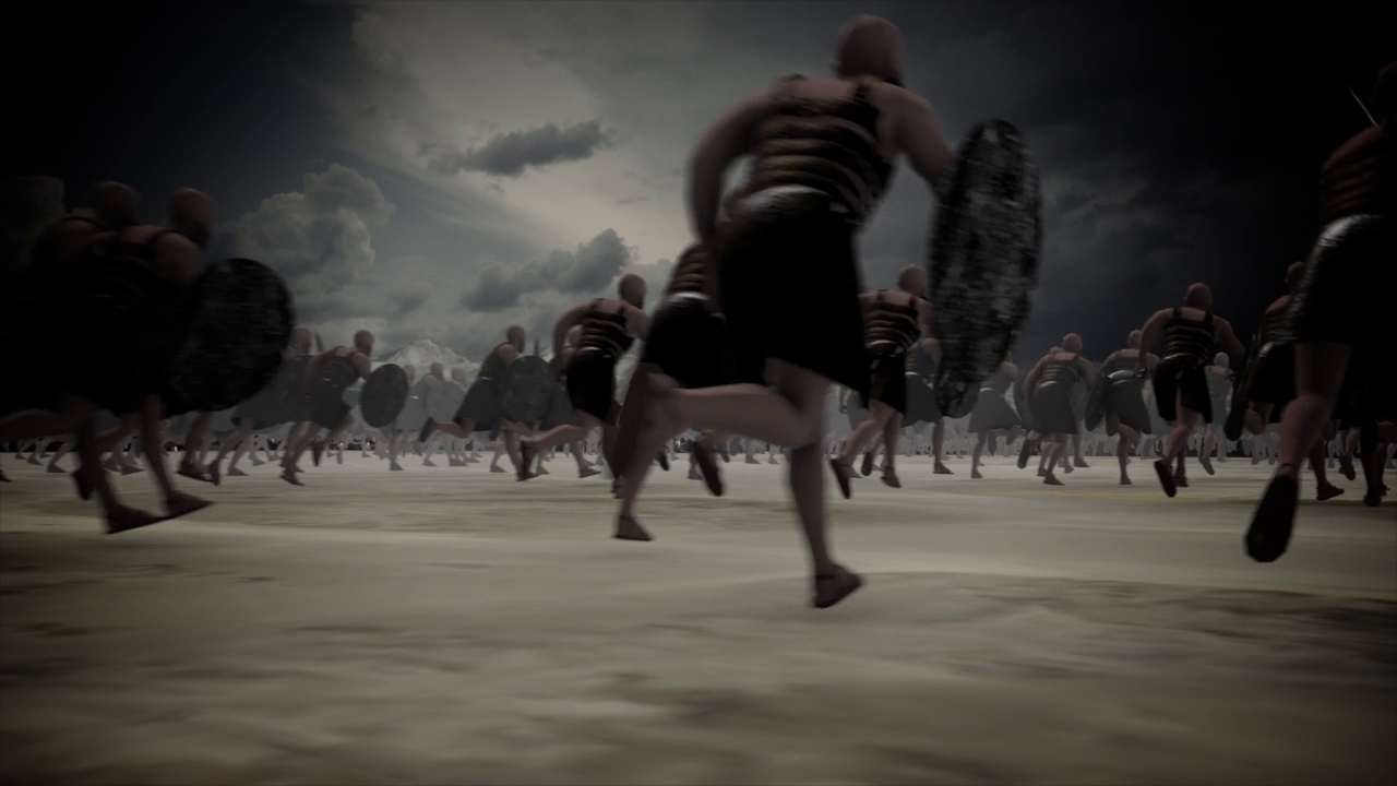 巨大的古代武士军队在战场上奔跑视频下载