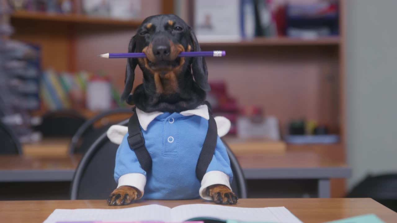 长着光滑皮毛的达克斯猎犬背着书包，穿着西装，坐在教室里的木桌上，手里拿着铅笔视频素材