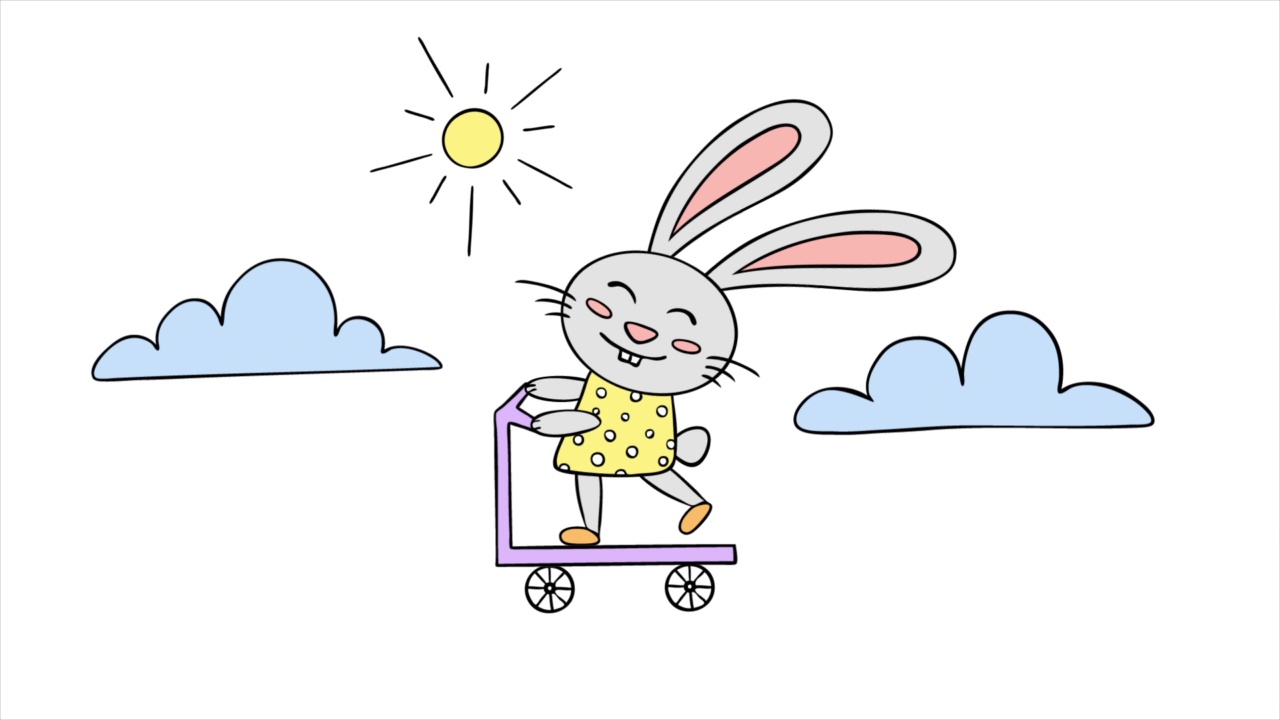 一只可爱的卡通兔子在阳光明媚的日子里骑着滑板车玩得很开心。视频下载
