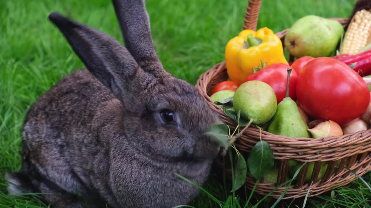 绿色的草地上，一只家养的灰色兔子正在吃一个装满新鲜水果和蔬菜的篮子里的莴苣叶。视频下载