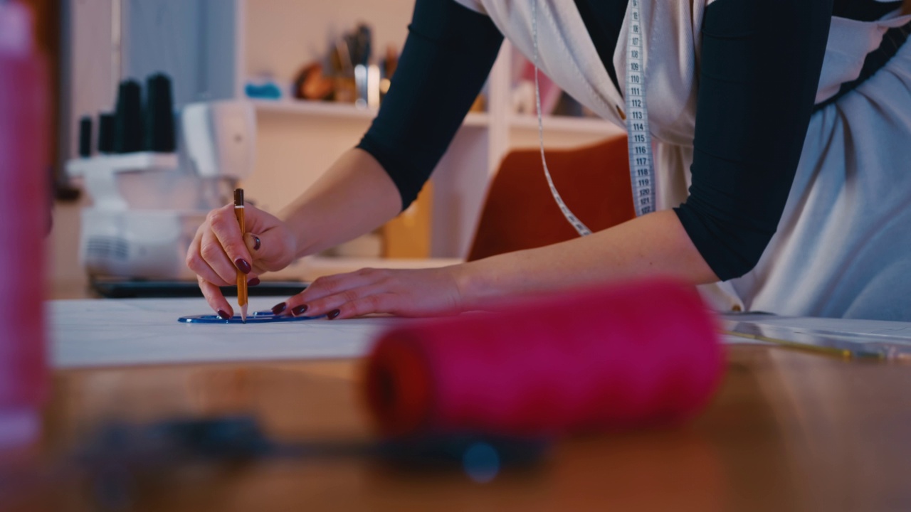 年轻的女裁缝勾勒出未来面料产品的轮廓视频下载