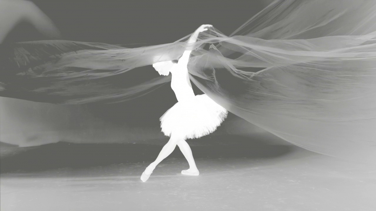 美丽的芭蕾舞演员，在薄尼龙后面跳舞。动画视频效果视频素材