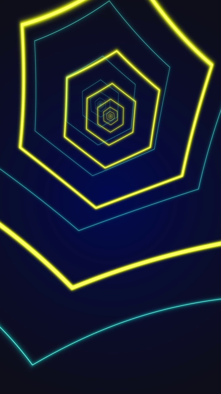 可循环的抽象数字霓虹多边形隧道背景垂直4K未来闪闪发光的动画模式，向前与深蓝色和黄色的颜色技术网络概念与复制空间视频素材