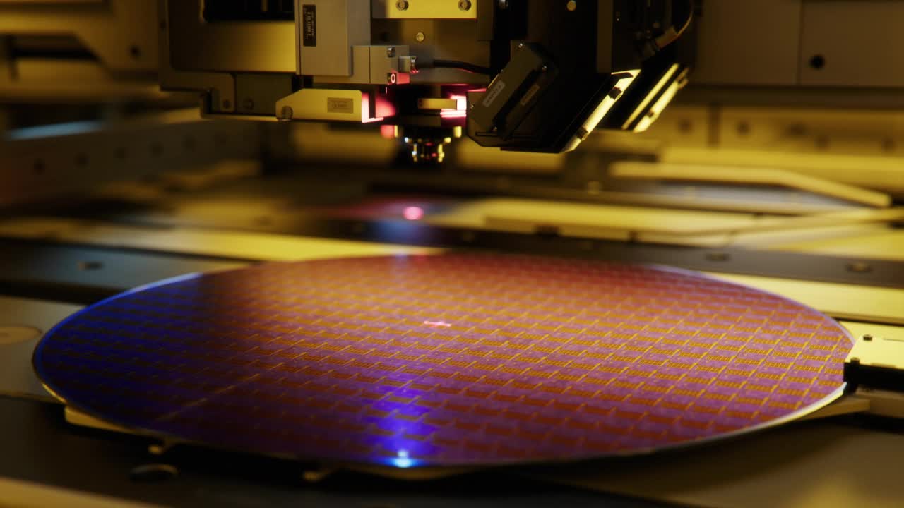 正在生产电脑芯片的半导体工厂加工硅片的镜头。视频素材