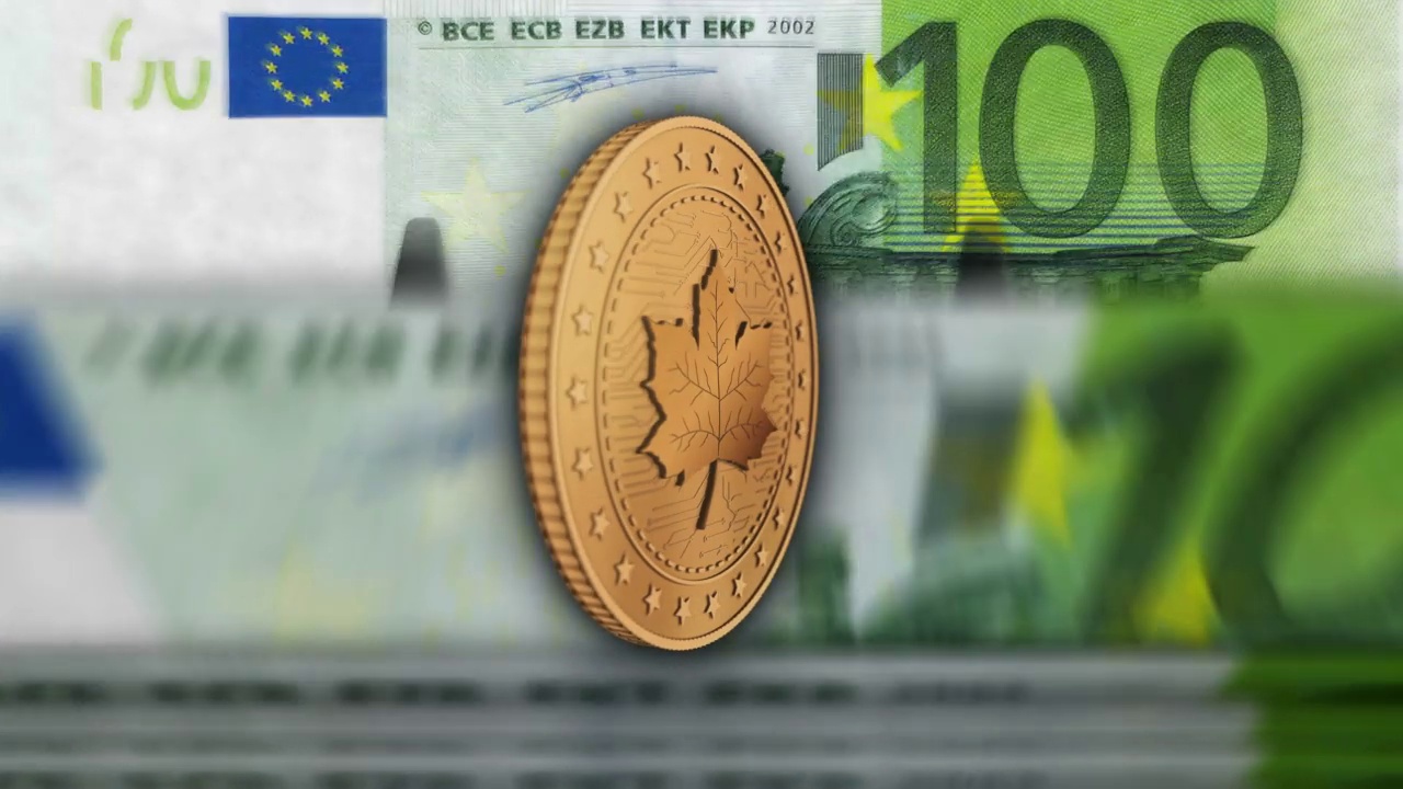 加拿大枫叶金币在欧元钞票上循环视频素材