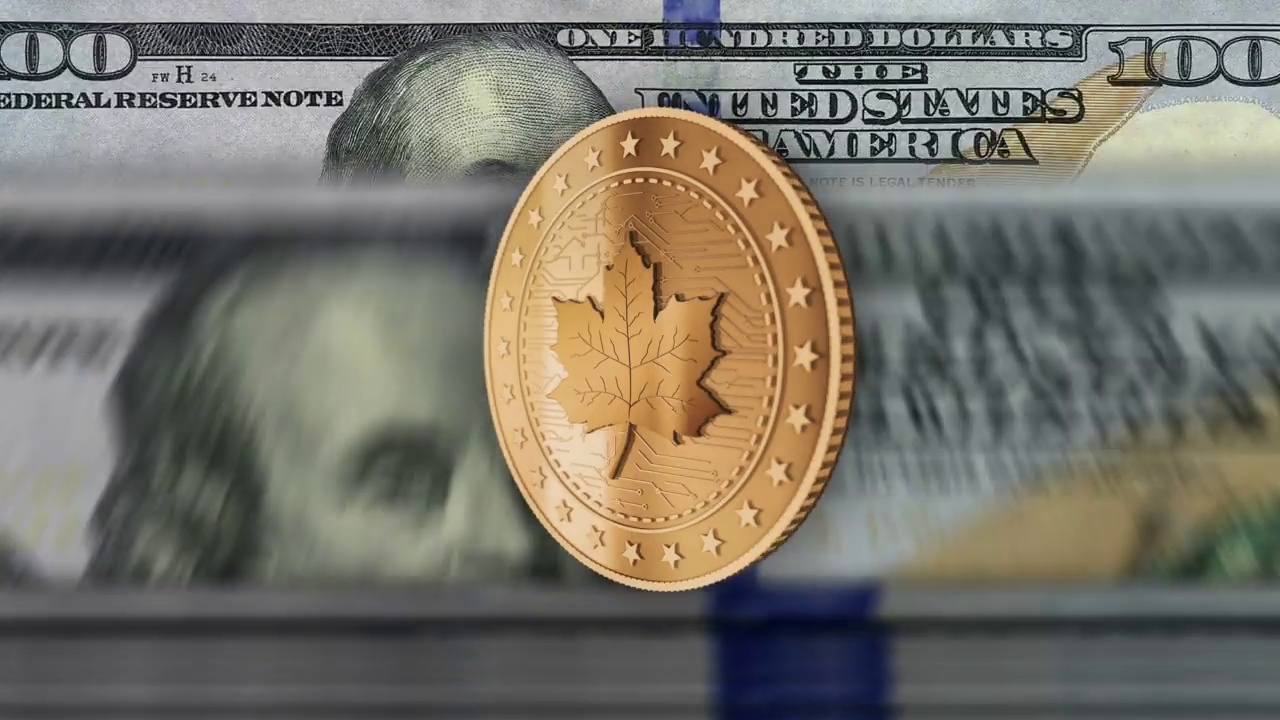 枫叶加拿大硬币在美元纸币上循环视频素材