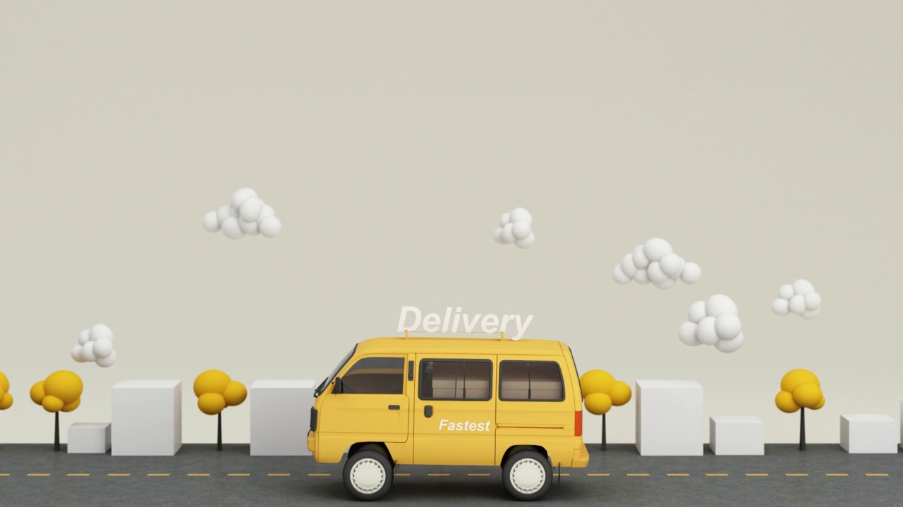 电子商务概念，移动应用上的送货服务，道路上的货车和卡车送货，房屋盒、树和云低多边形，黄色调3d渲染动画视频素材