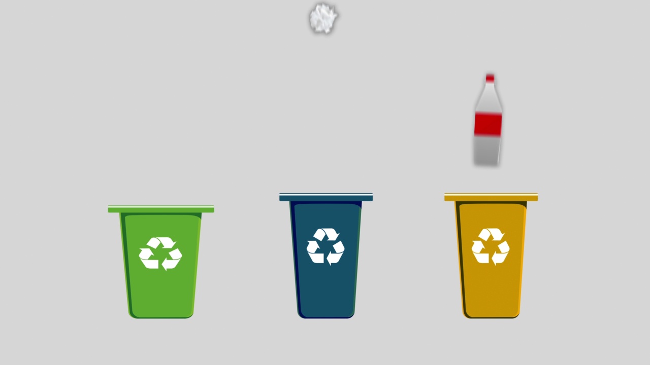 回收概念动画，垃圾垃圾落在绿色，蓝色和黄色的容器，玻璃，纸和塑料，alpha matte包括视频素材