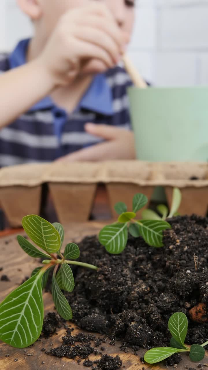 一个十几岁的男孩用一把铲子把肥沃的土壤放入不同的细胞中，以便从一个普通的花盆中种植幼苗。一个孩子花时间研究生态学，从而改善他周围的世界视频素材