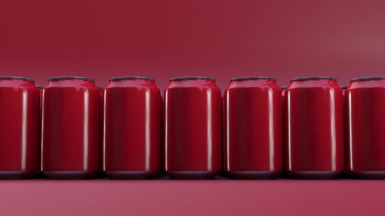 许多红色铝金属苏打罐。3d动画渲染，无限循环视频下载