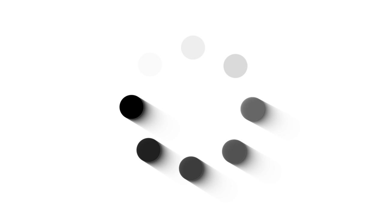 黑点图标的动画，被安排在彼此周围的一个圆在白色背景上。加载进度指示器。无缝循环。视频动画背景。视频下载