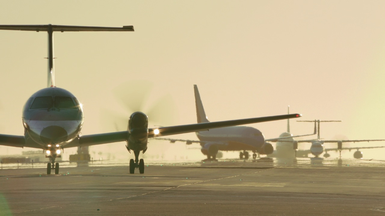 日落时分，洛杉矶国际机场的MS飞机正在排队起飞。视频素材