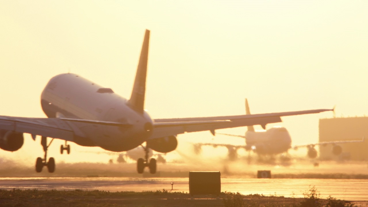 MS PAN TS JetBlue空客A320在日落时分降落在洛杉矶国际机场。视频素材
