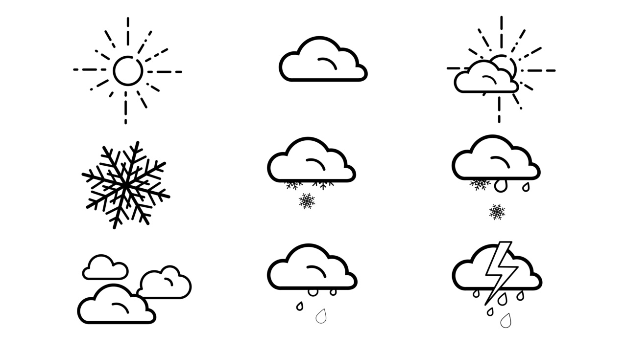 设置9个动画天气图标(太阳，雷暴，部分多云，多云，雪和多云天气)在白色4K背景视频下载