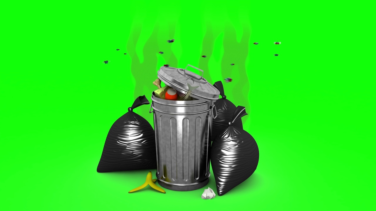 垃圾桶和垃圾袋很臭。3 d动画。绿屏,loopable。视频下载