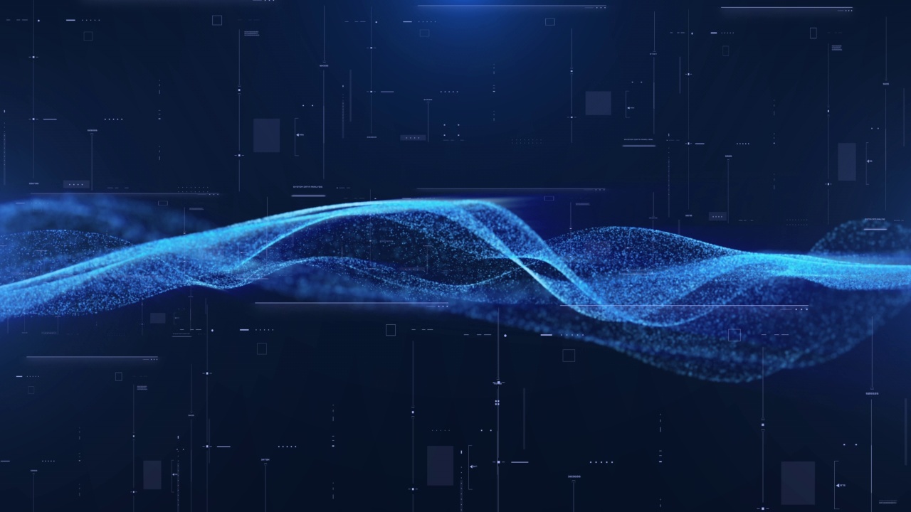 数字未来4K运动图形的蓝色粒子波流动在虚拟现实宇宙在HUD界面系统背景。视频素材