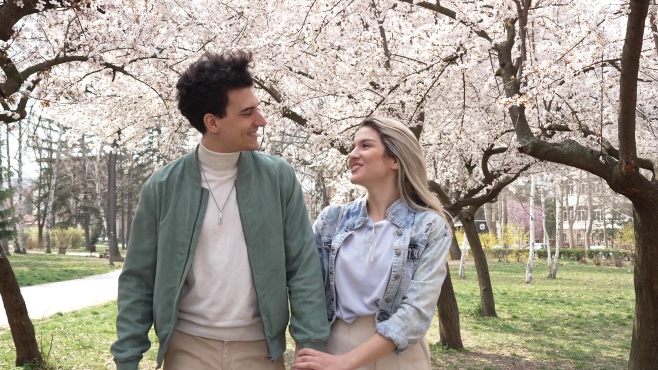 可爱的白种人夫妇手牵着手在公园散步视频素材