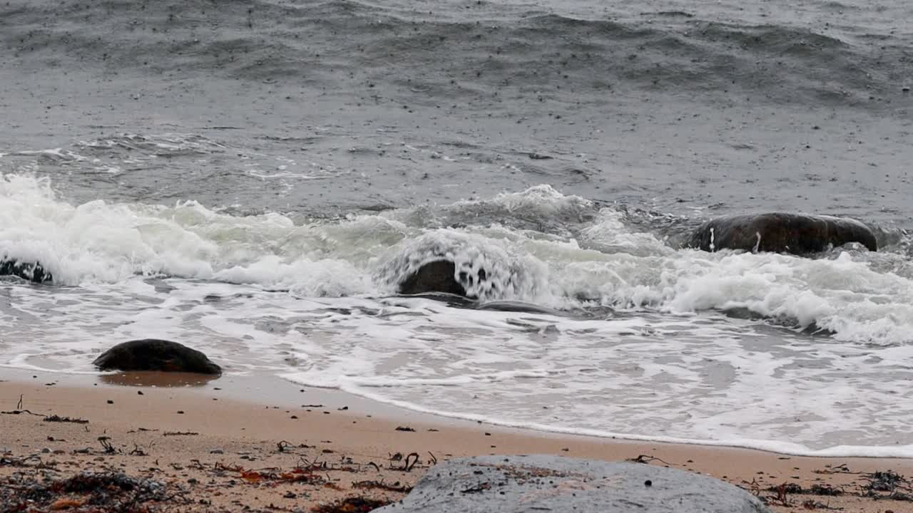 在阴天寒冷的天气里，大浪冲击着沙滩荒野的海岸视频素材