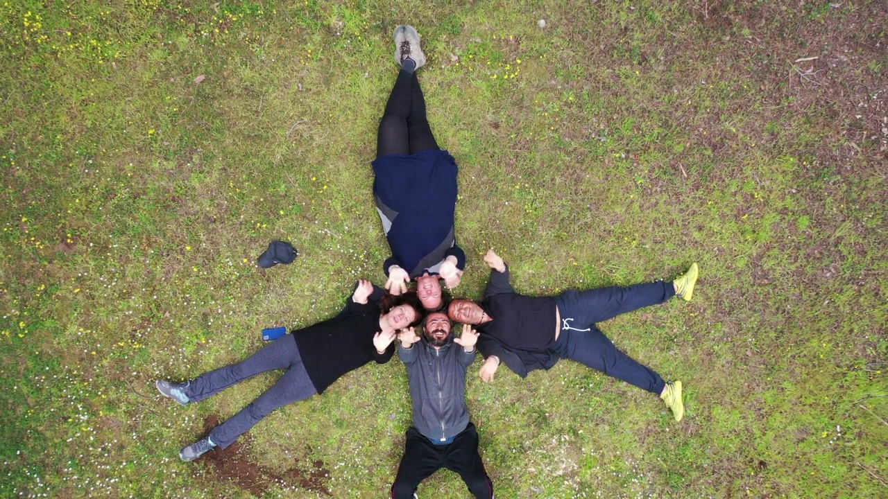 大群快乐的朋友躺在草地上的高角度的看法，在大自然的春天视频下载