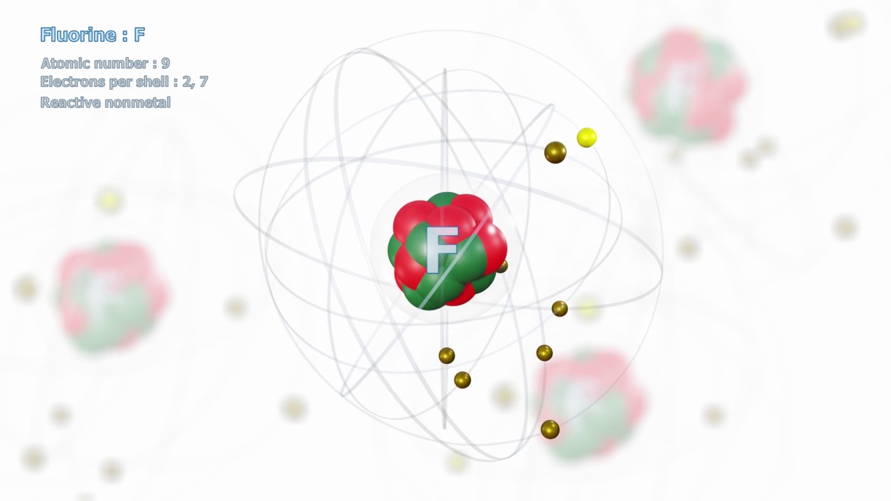 氟原子有9个电子在无限轨道上旋转，白色有原子视频下载