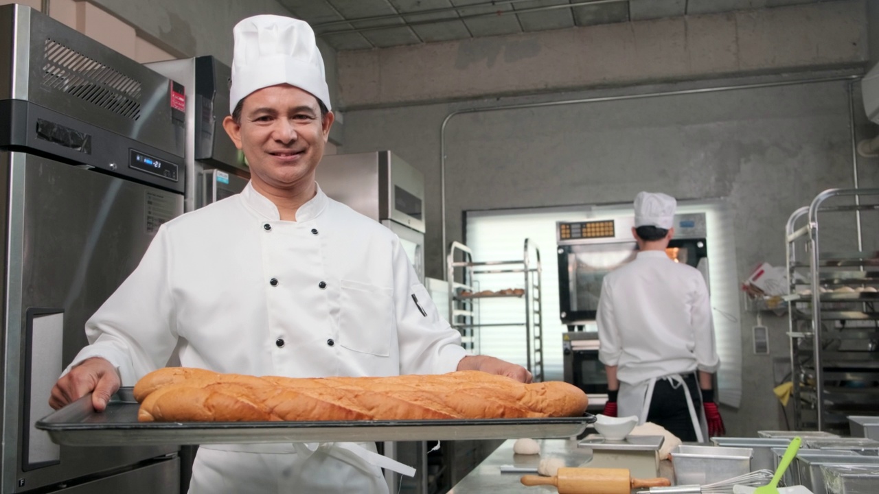 高级厨师长微笑着向不锈钢厨房展示新鲜的面包。视频下载