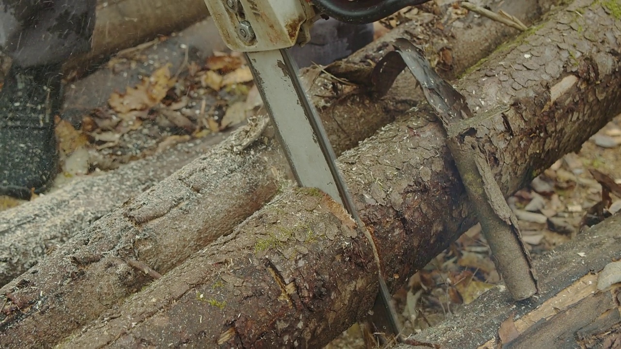 链锯切割木材。视频素材