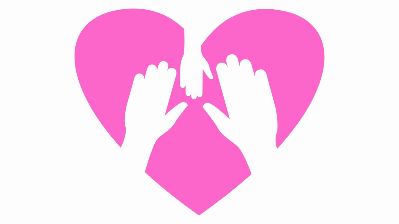 动画家庭图标，心脏和手的标志。粉红色的心跳。家庭的概念。儿童保育的象征。矢量插图孤立在白色背景上。视频下载
