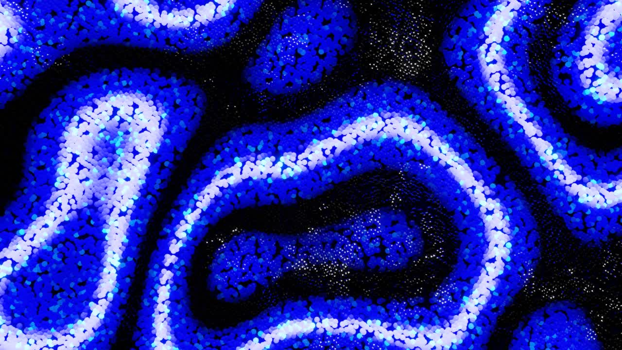 4k抽象循环背景蓝色粒子发光，形成美丽的图案。空间中的球体形成表面，色彩波和光沿着球体流动。球在波浪上摇摆。运动设计视频下载