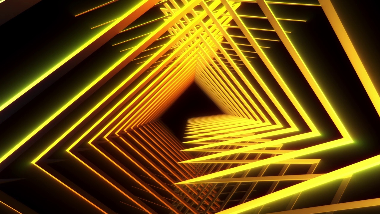 三维渲染，抽象的几何背景，发光的霓虹灯，形状旋转周围的环视频素材
